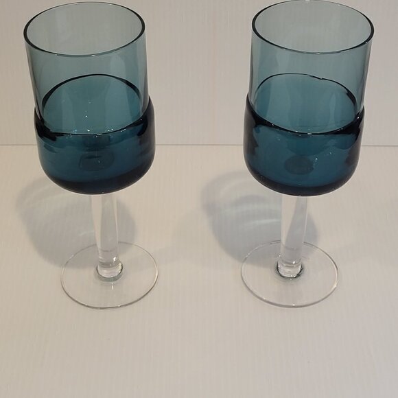 Pier 1 Goblet Blue Water 12 Oz Double Dip Mouth Blown MCM Style Wine Glass Pair - Picture 2 of 12